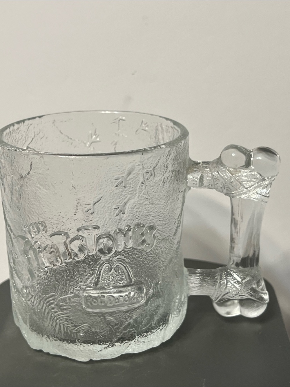 Vintage McDonald's Clear Flintstones Embossed Glass Mug with Bone Handle